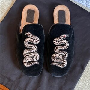 Gucci Black Velvet Crystal Snake Slip-On Mules